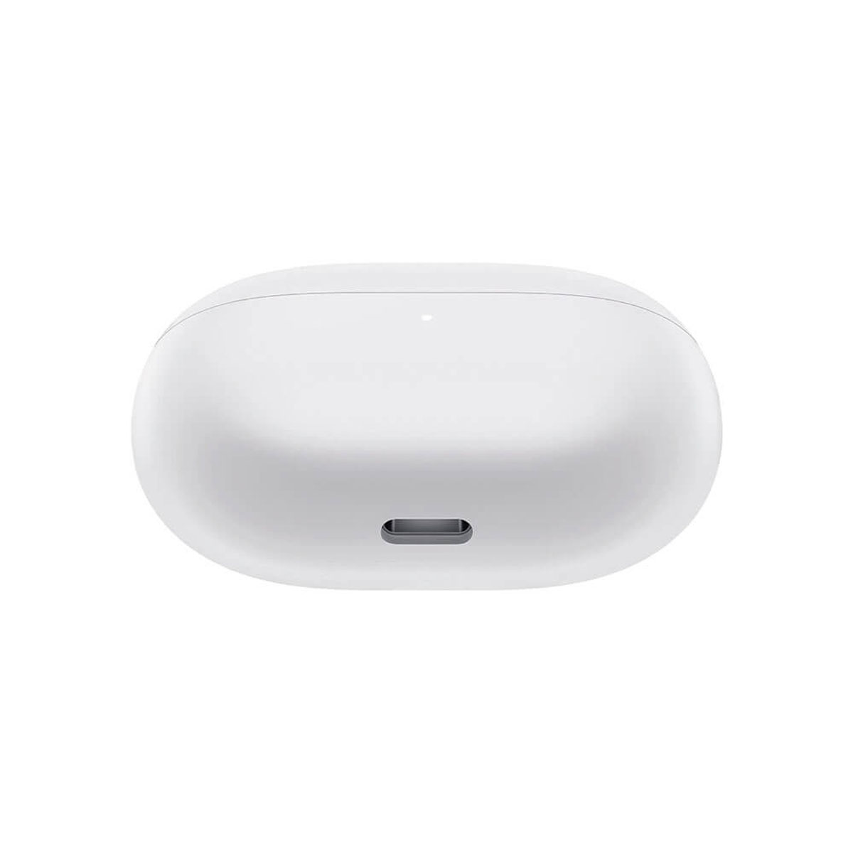 Ein geschlossenes weißes Ladeetui für Ohrhörer mit USB-C-Anschluss.
