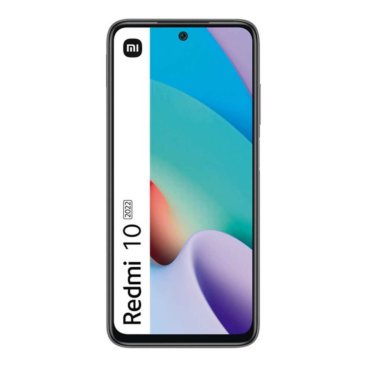 Een zwarte smartphone met "Redmi 10 2022" tekst en het Mi-logo.