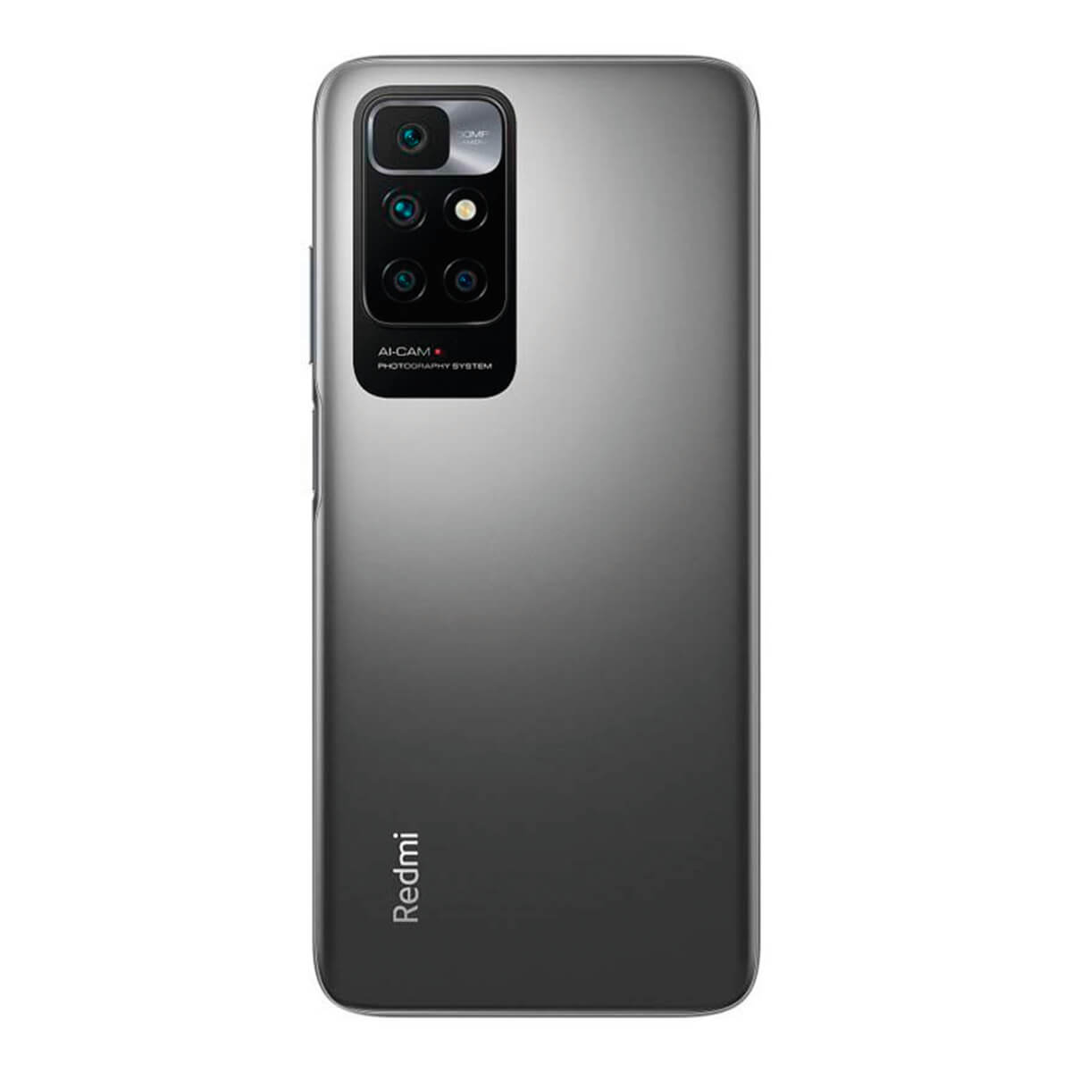 Grijze smartphone met vier camera's en Redmi-logo op de achterkant.