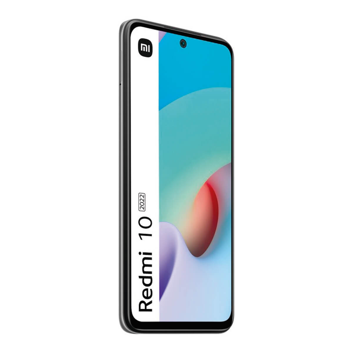 Een grijze smartphone met 'MI'-logo en 'Redmi 10 2022'-tekst op het scherm.