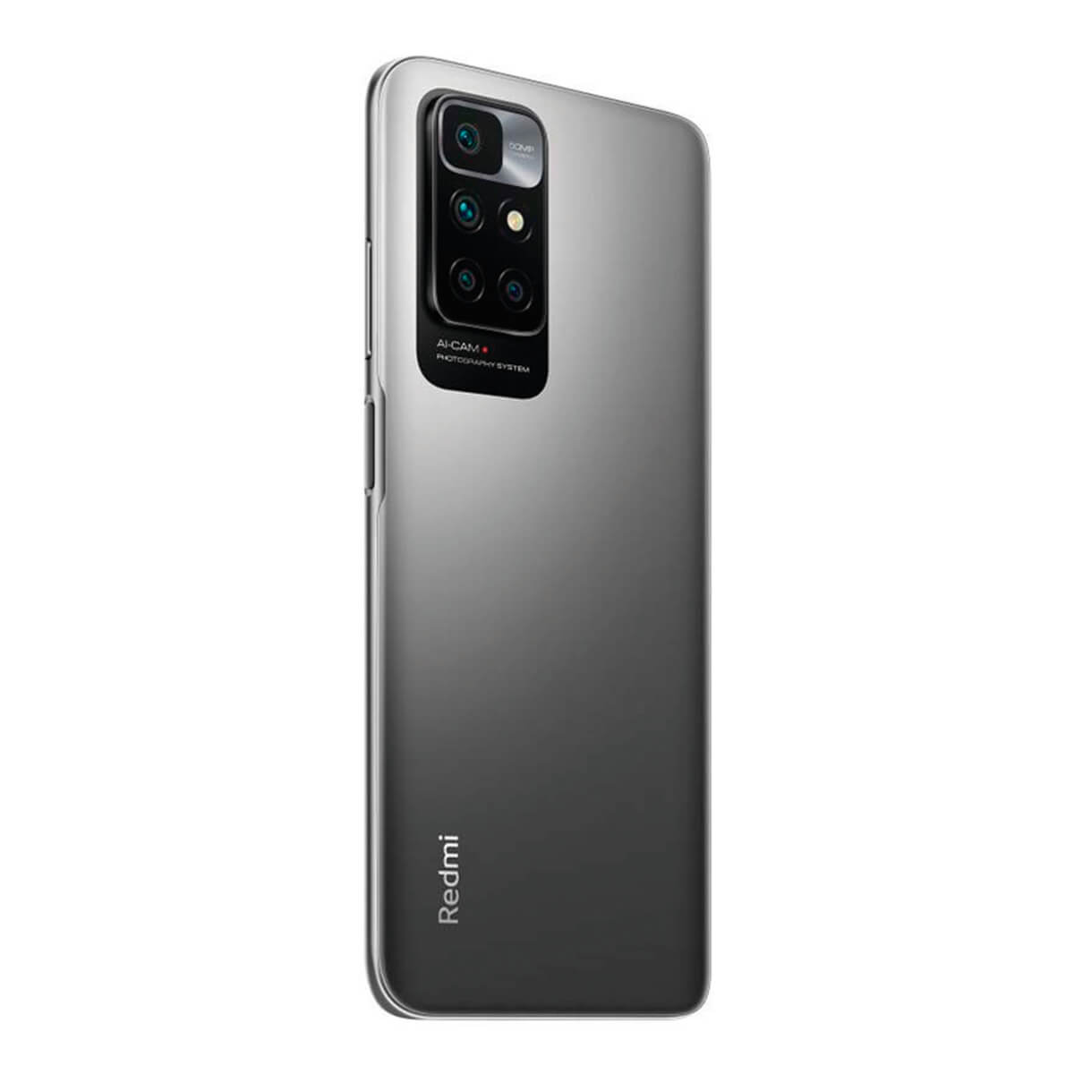 Grijze smartphone met quad camera achteraan en Redmi-logo.