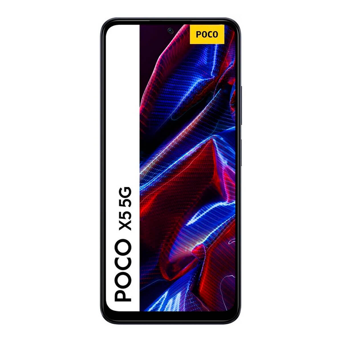 Ein POCO X5 5G Smartphone mit blau-rotem Muster auf dem Bildschirm.