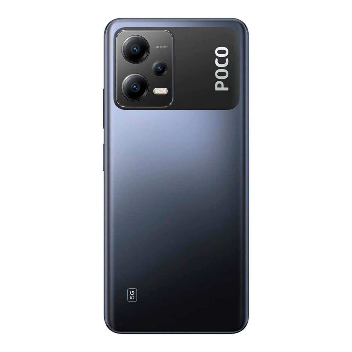 Rückseite eines dunklen POCO 5G Smartphones mit Kamera und Logo.