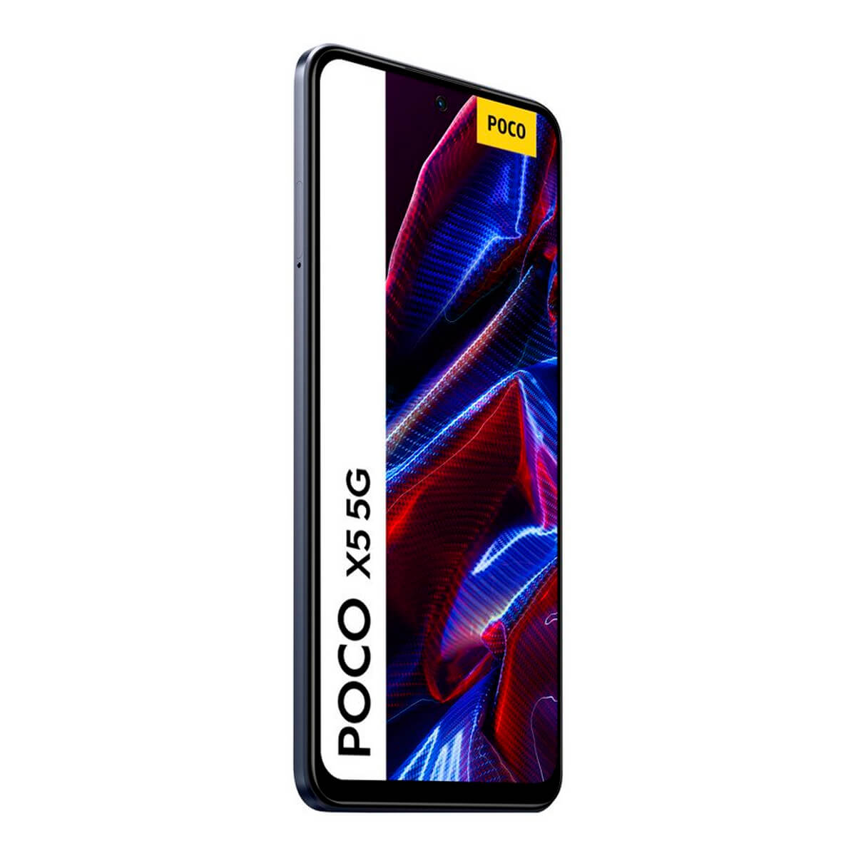 Ein POCO X5 5G Smartphone mit dynamischem Hintergrund. Nahaufnahme.