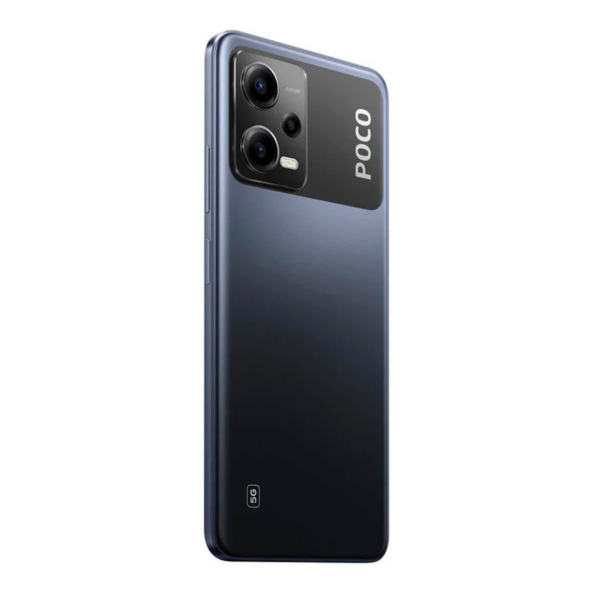 Dunkelgraues Smartphone mit POCO-Logo und 5G-Symbol auf der Rückseite.
