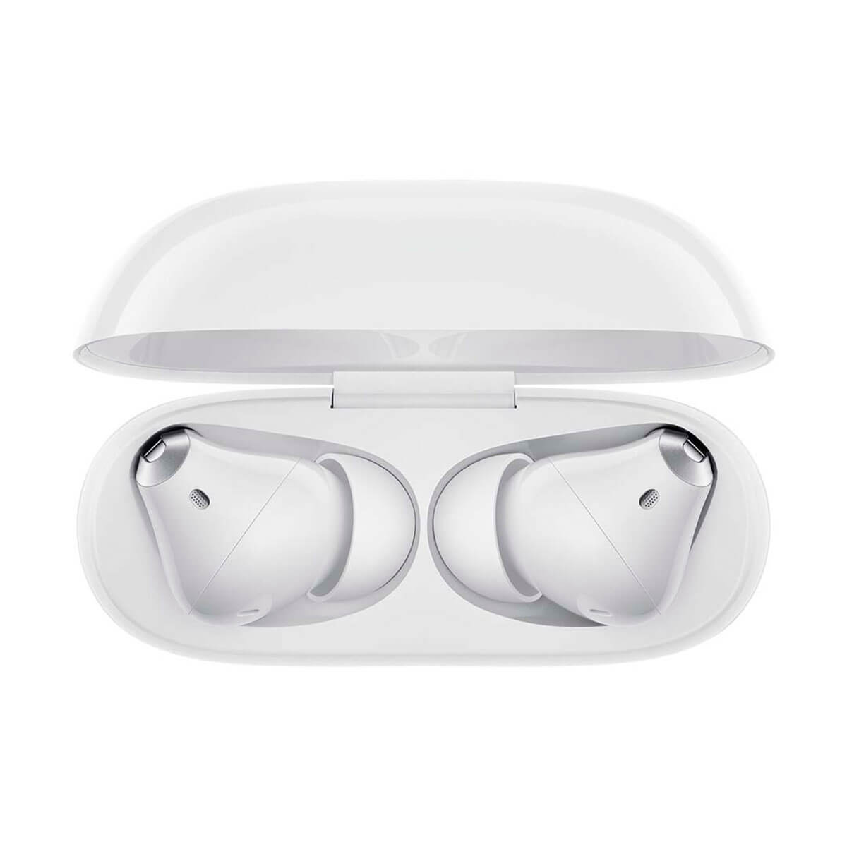 Auricolari bianchi wireless in una custodia di ricarica bianca aperta.