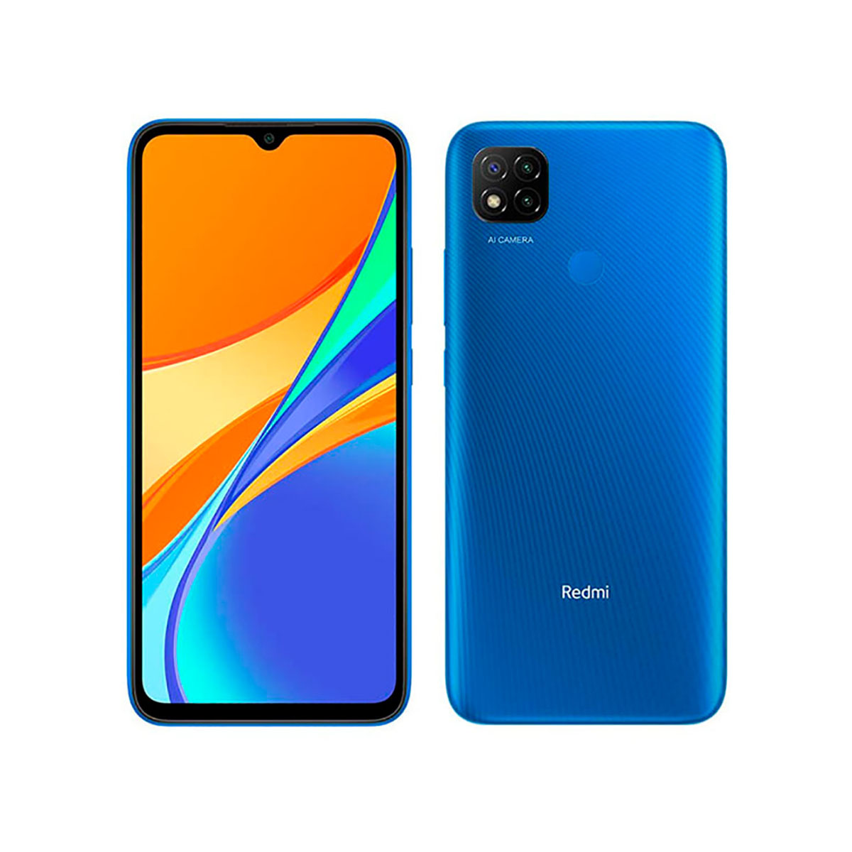Niebieski smartfon, widok z przodu i z tyłu, z aparatem AI i logo Redmi.