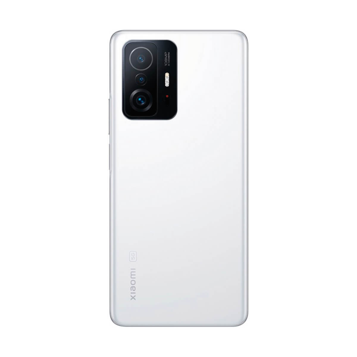 Weiße Rückseite eines Smartphones mit schwarzem Kameramodul und Xiaomi 5G Logo.