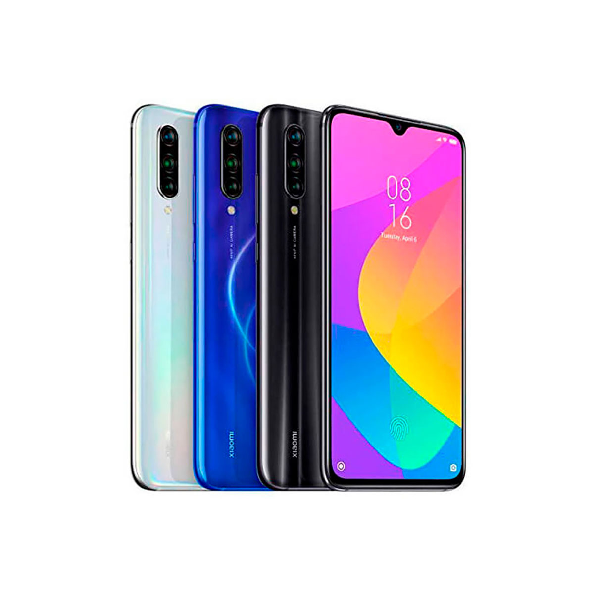 Drei Smartphones in Weiß, Blau und Schwarz nebeneinander. Das schwarze hat einen Bildschirm.