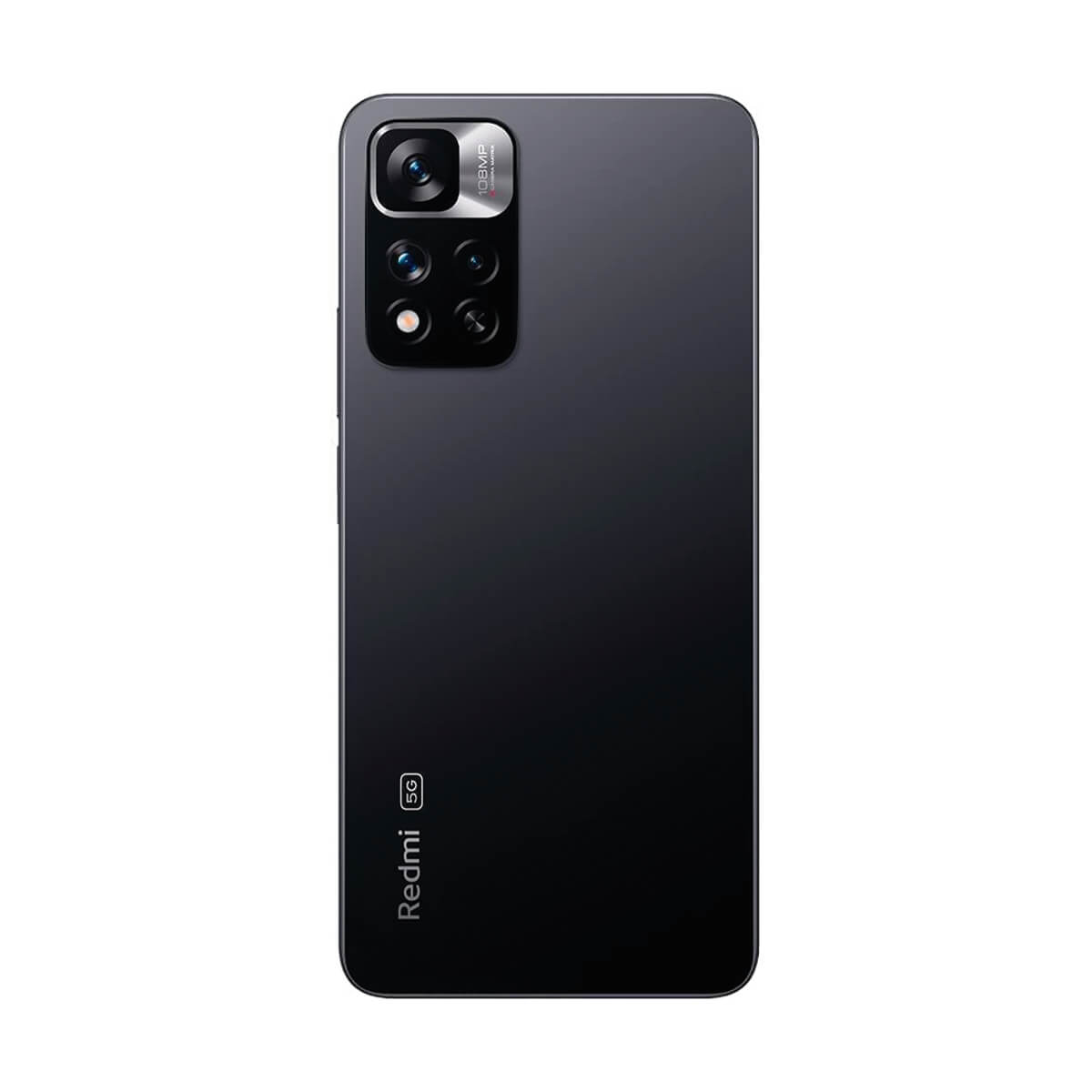 Achterkant van een zwarte smartphone met 108MP camera en Redmi 5G logo.