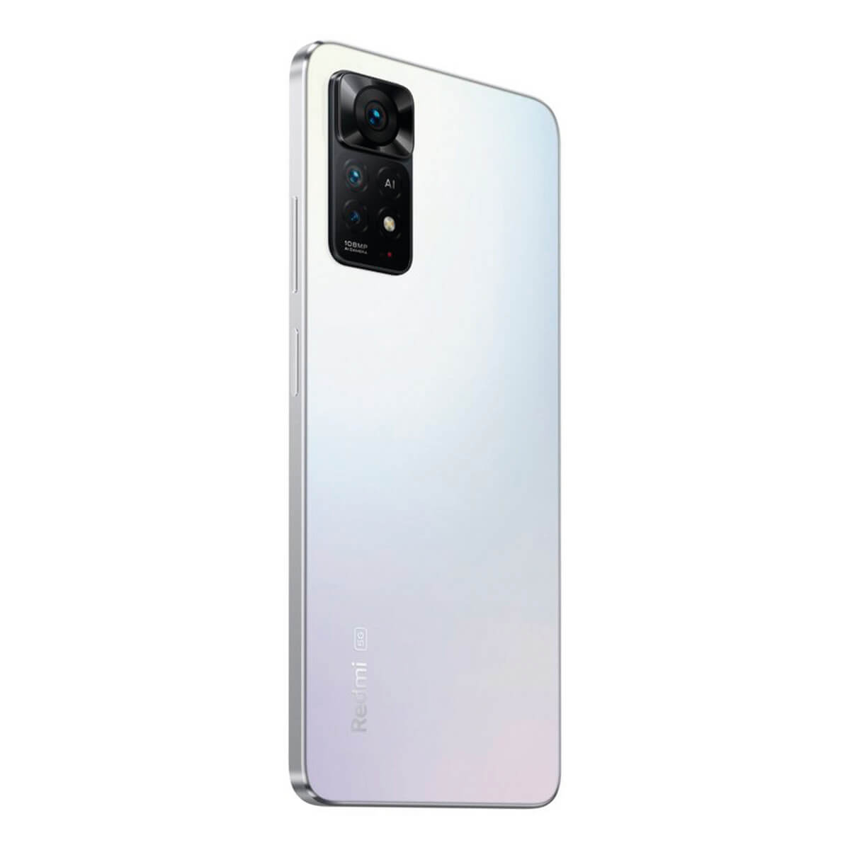 Rückseite eines weißen Smartphones mit Kameramodul und Redmi 5G Logo.