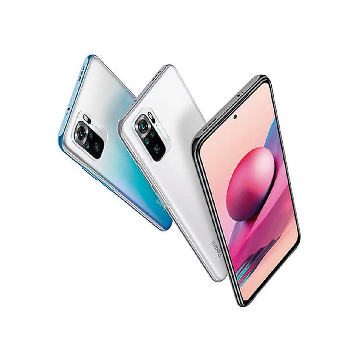 Drei Smartphones, zwei weiße und ein blaues, liegen nebeneinander.