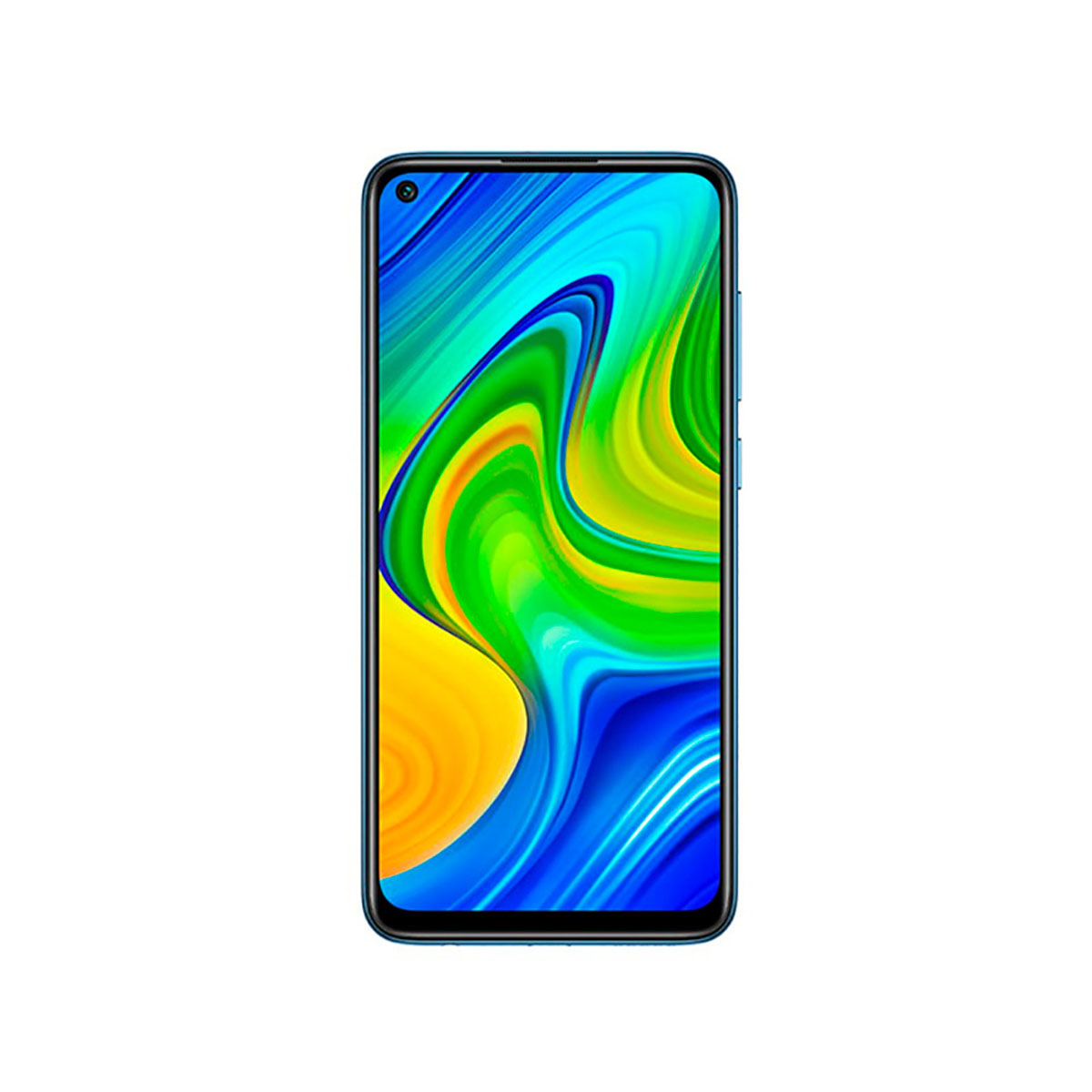 Niebieski smartfon wyświetla kolorową tapetę na ekranie.