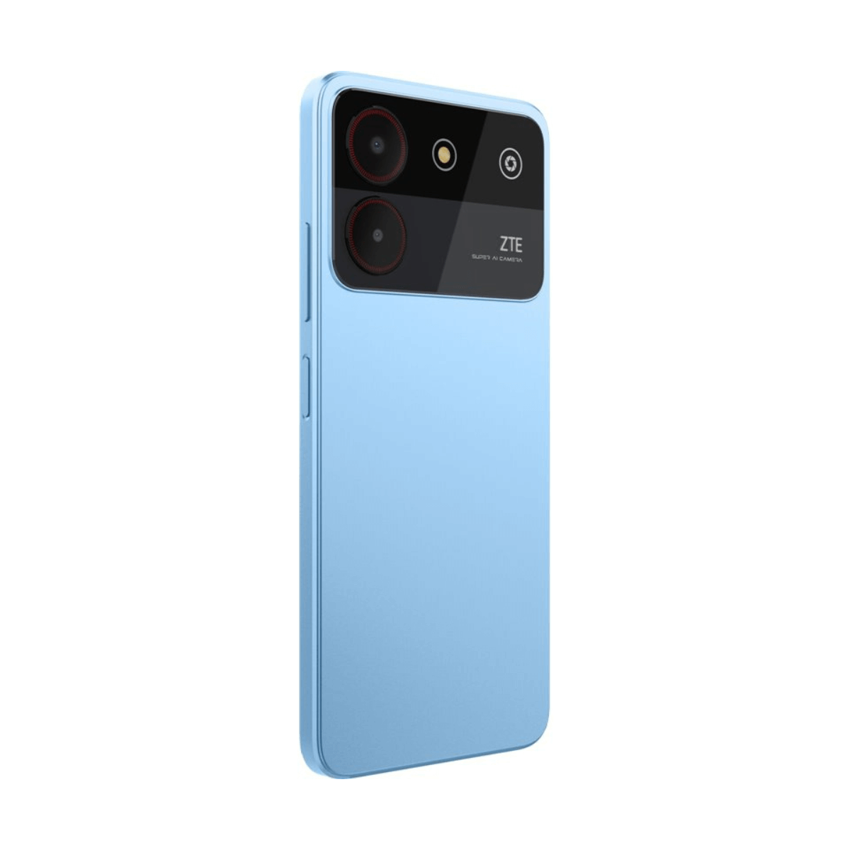 Uno smartphone azzurro con tre fotocamere sul retro.