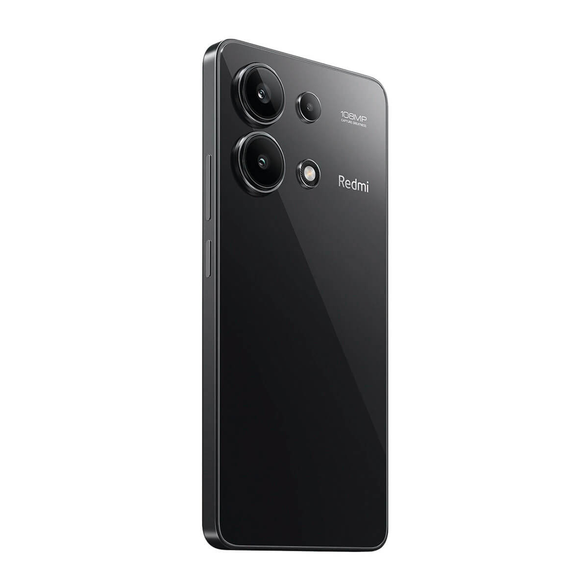 Czarny smartfon Redmi widok z tyłu, podwójny aparat, napis 108MP.