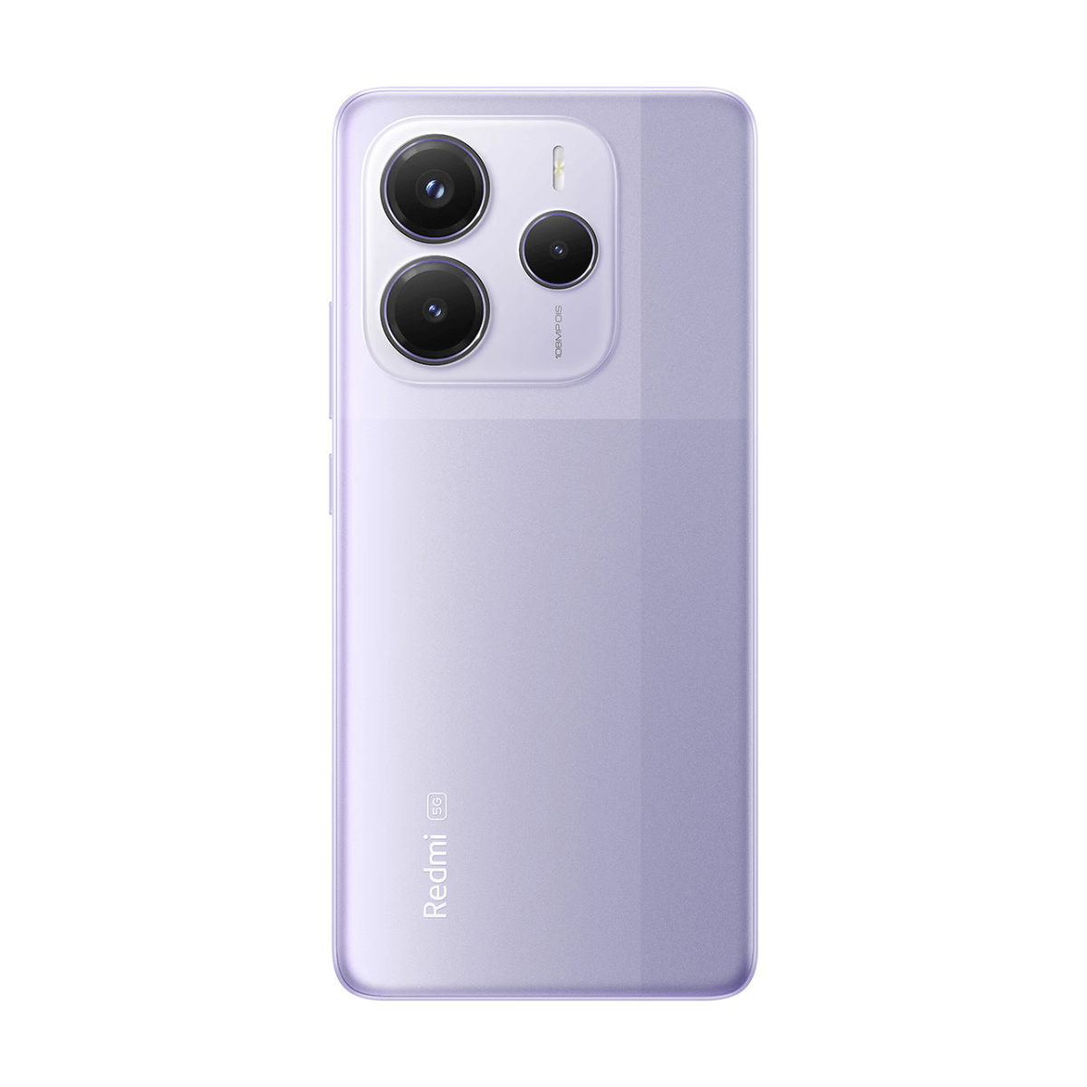Fioletowy smartfon z potrójnym aparatem i logo "Redmi 5G" na białym tle.