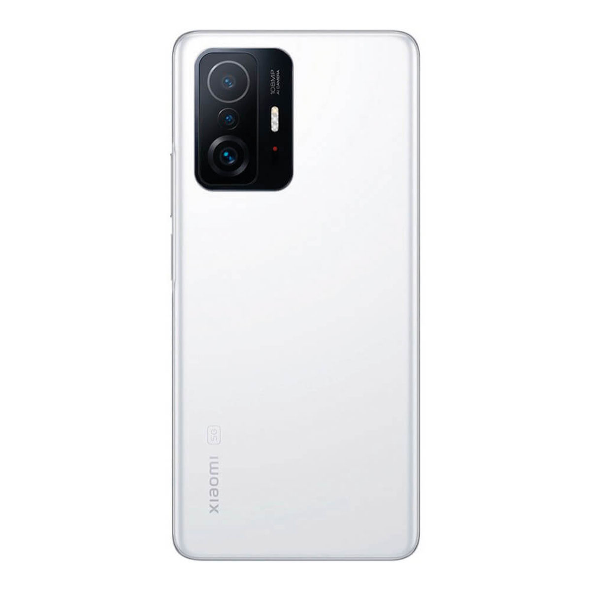 Rückseite eines weißen Smartphones mit dreifacher Kamera und 5G-Logo.