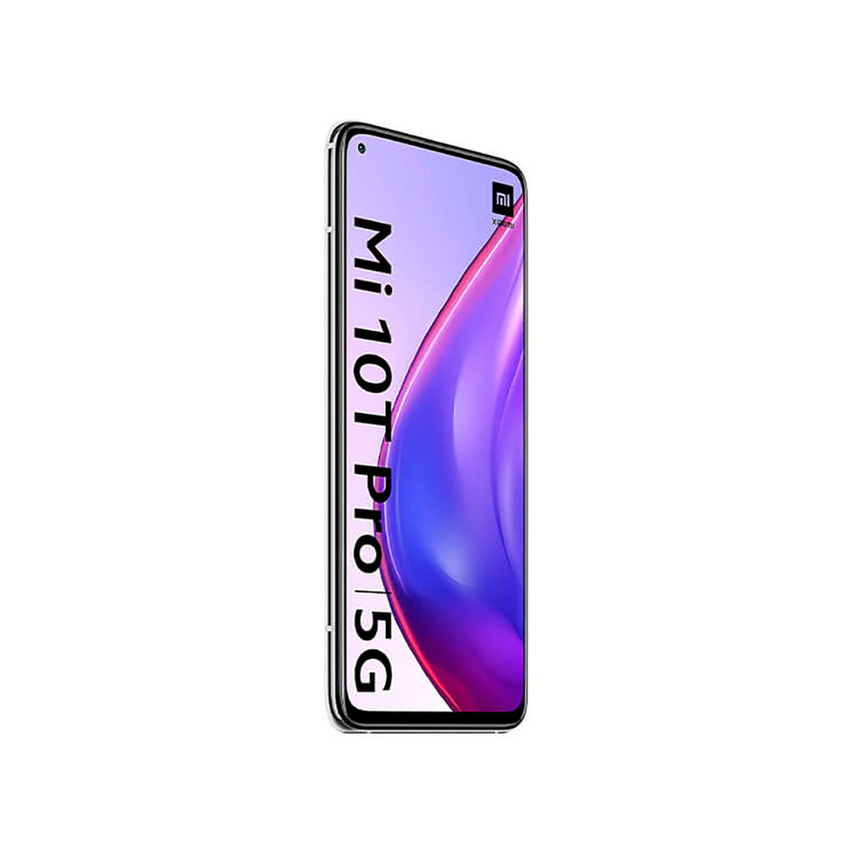 Smartfon Xiaomi Mi 10T Pro 5G z tapetą w purpurowo-niebieskie fale.