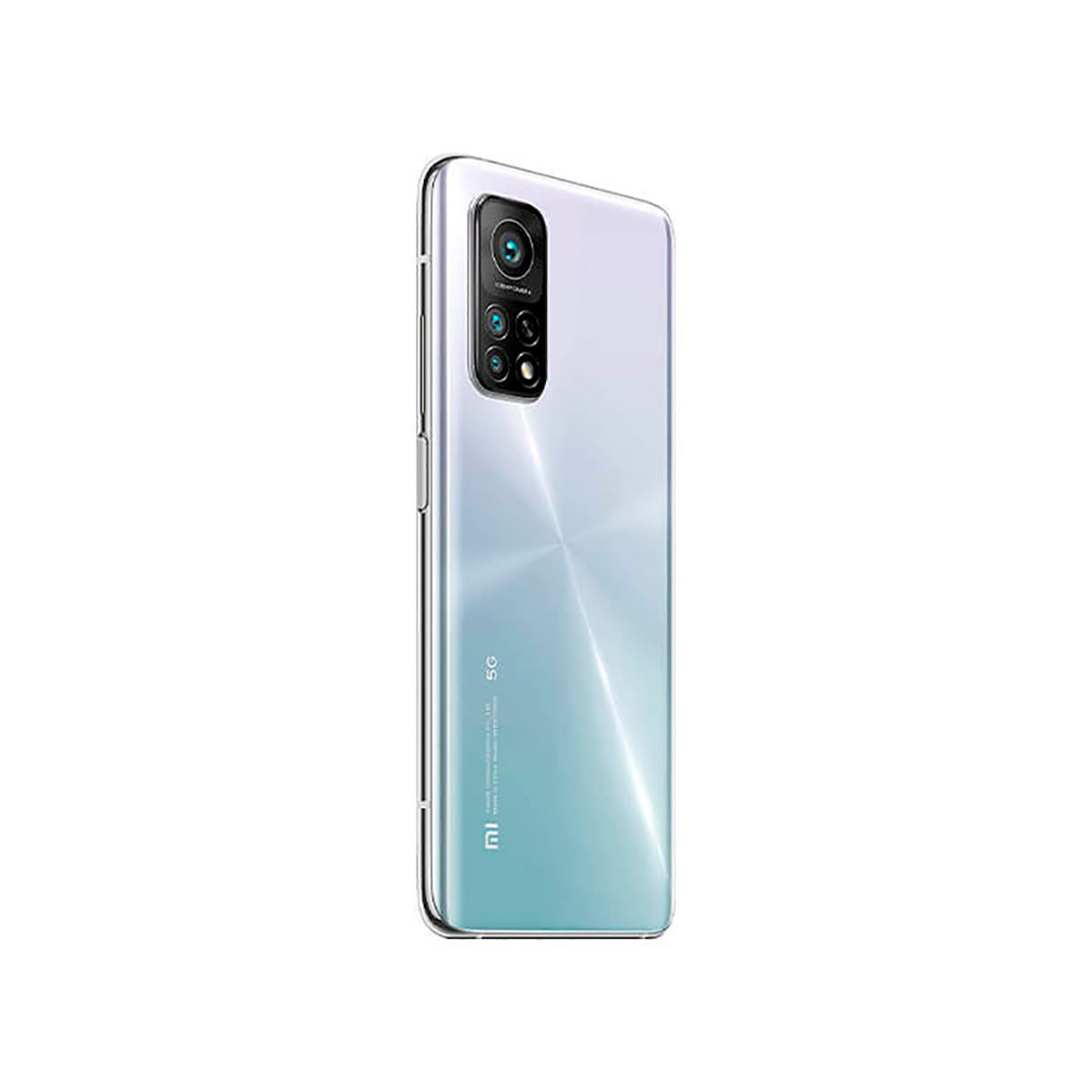 Tył srebrnego smartfona z potrójnym aparatem i logo 5G.