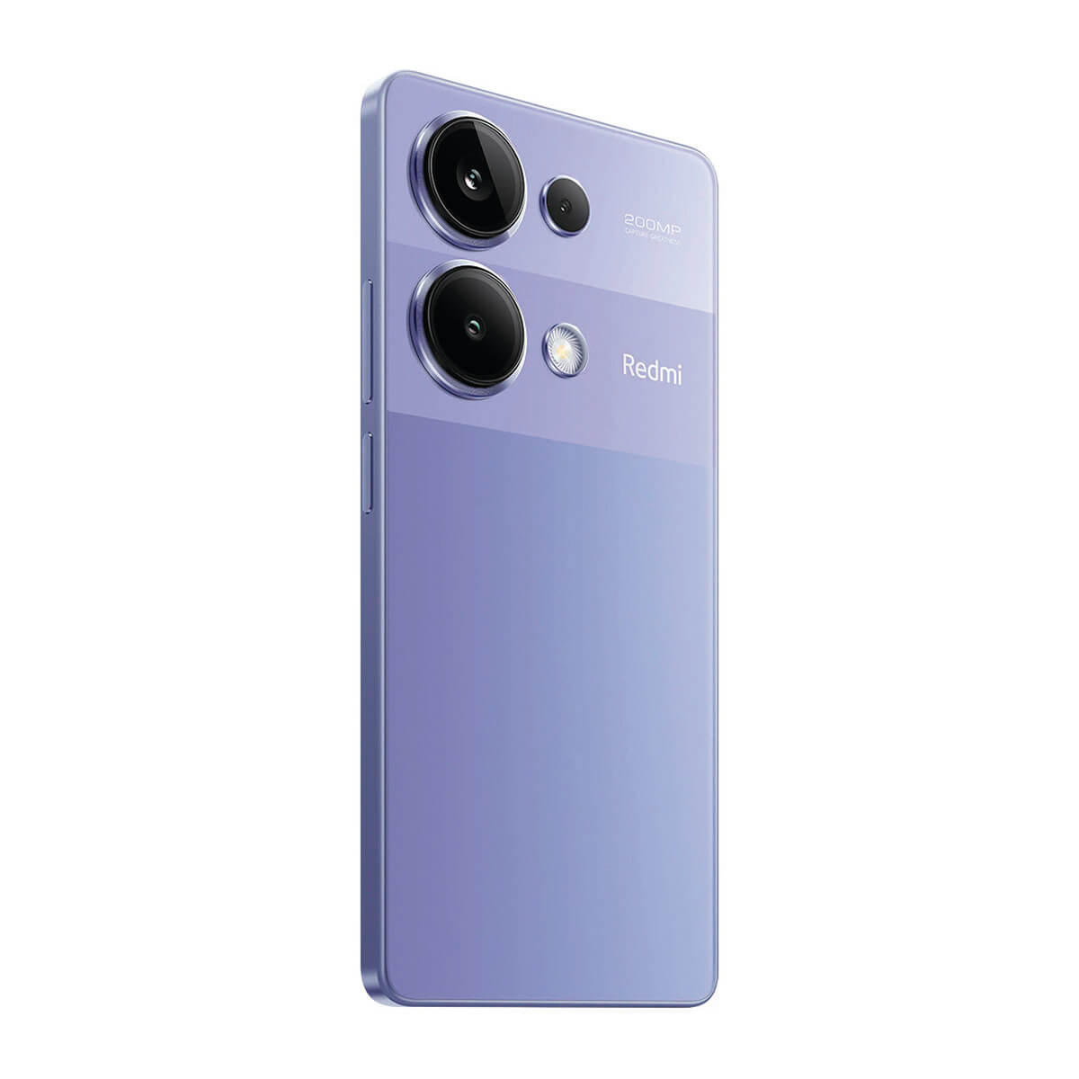 Ein lilafarbenes Smartphone mit drei Kameras auf der Rückseite und dem Redmi-Logo.