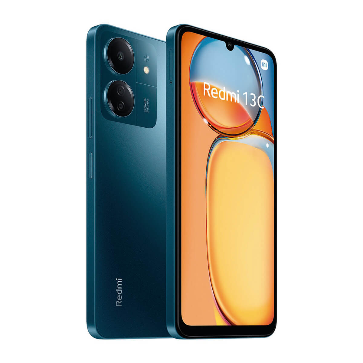 Ein blauer Redmi 13C mit zwei Kameras auf der Rückseite und einem Bildschirm.