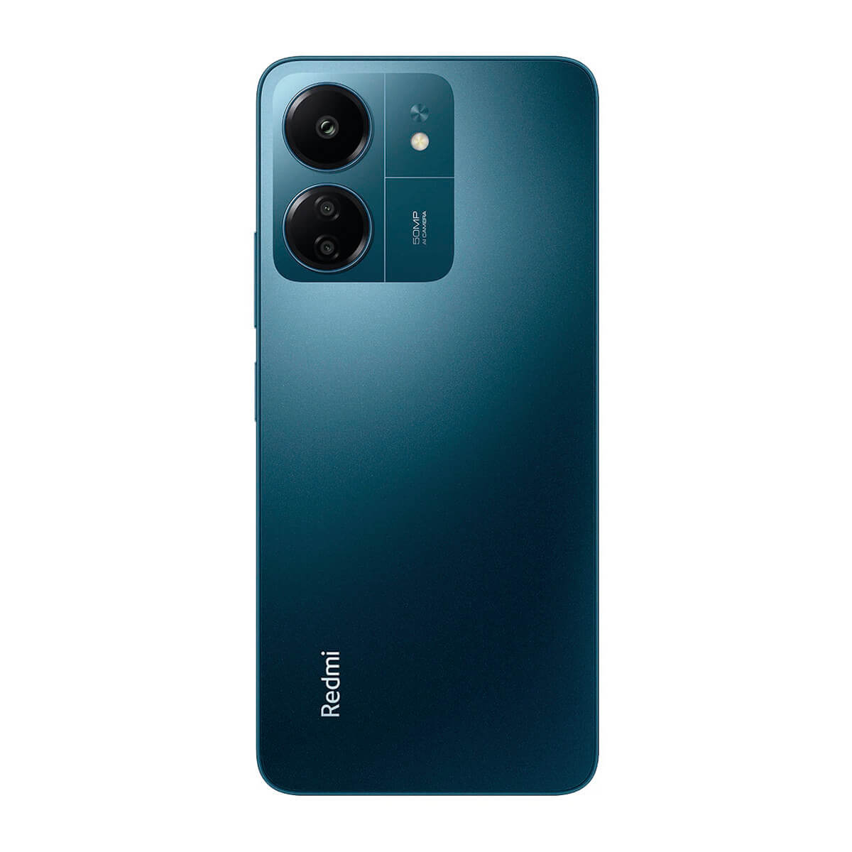 Rückseite eines tealfarbenen Smartphones mit zwei Kameras und dem Redmi-Logo.
