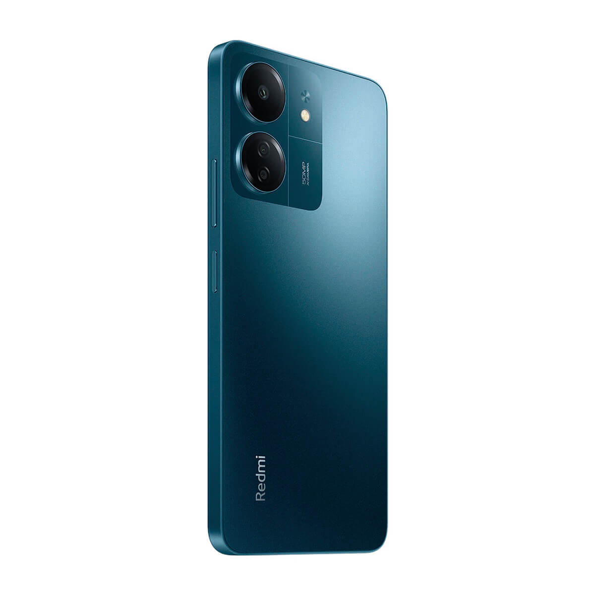 Ein türkisfarbenes Smartphone mit zwei Kameras und dem Redmi-Logo auf der Rückseite.