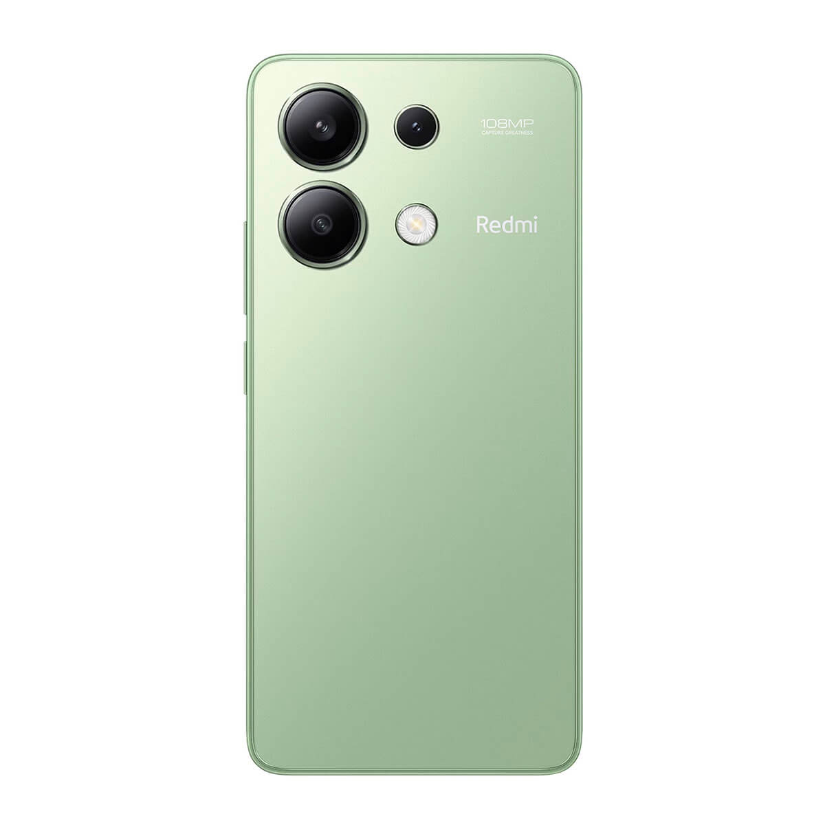 Ein hellgrünes Smartphone mit drei Kameras und Blitz auf der Rückseite.