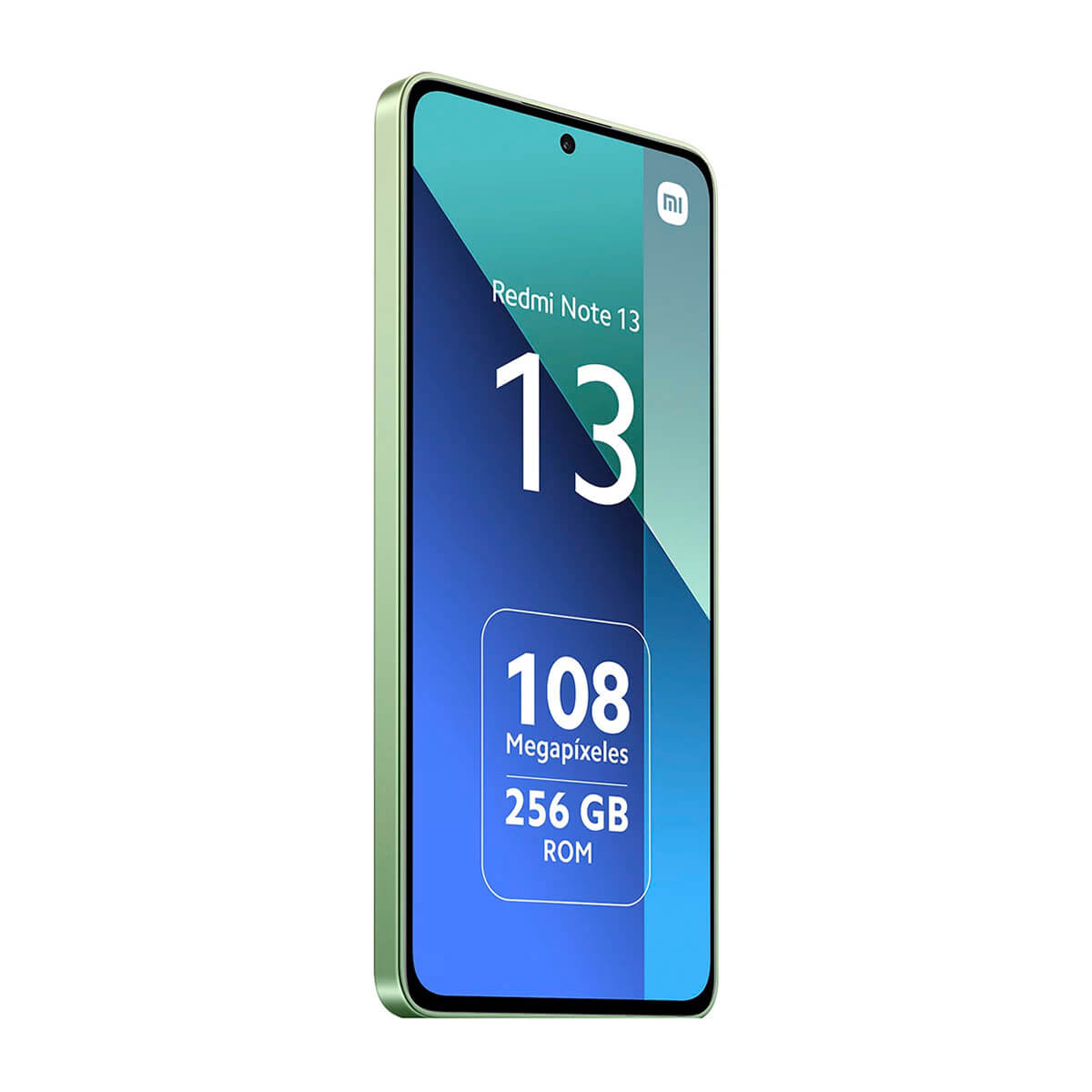 Ein hellgrünes Smartphone mit Redmi Note 13 auf dem Bildschirm.