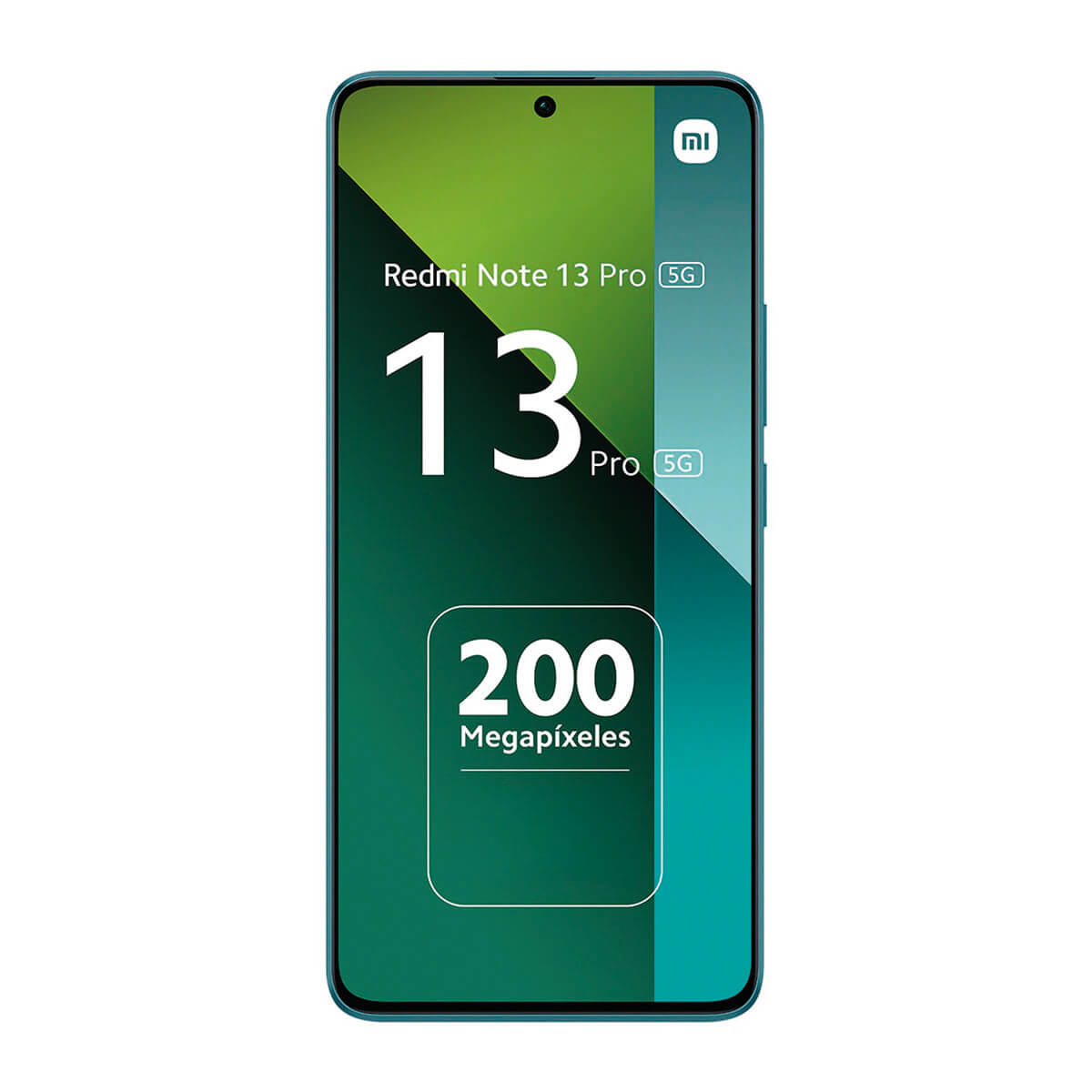 Telefon Redmi Note 13 Pro 5G z 200 megapikselami na zielonym tle.