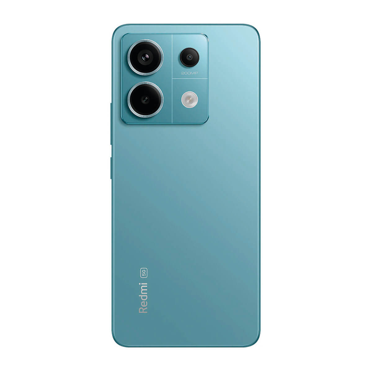 Tył turkusowego smartfona z trzema aparatami i logo Redmi 5G.
