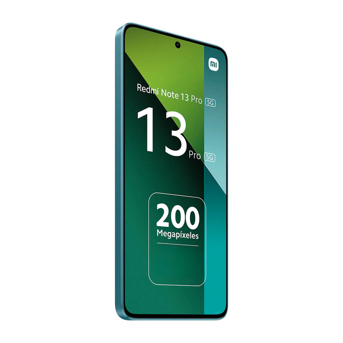 Niebieski smartfon z zielonym interfejsem pokazującym 13 Pro 5G i 200 megapikseli.