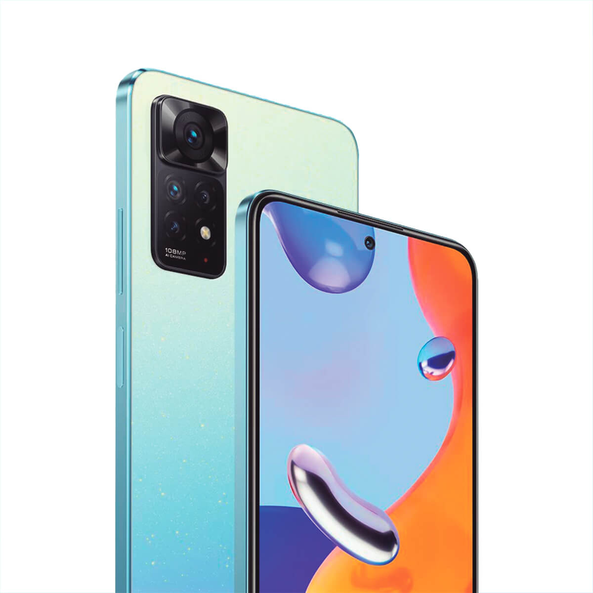 Zwei Smartphones nebeneinander, eines mit 108MP-Kamera, das andere mit bunter Anzeige.