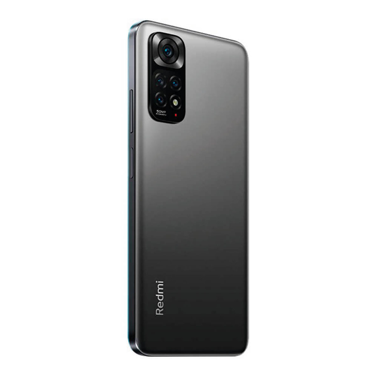 Szary smartfon z poczwórnym tylnym aparatem i logo Redmi.