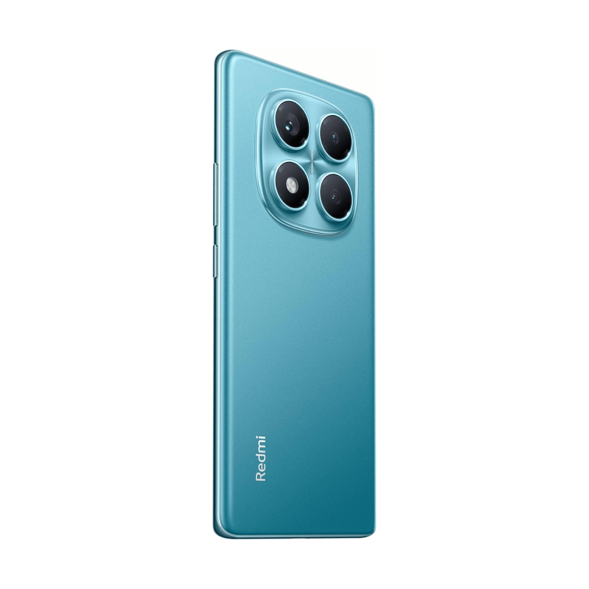 Turkusowy smartfon z czterema tylnymi aparatami i logo Redmi.