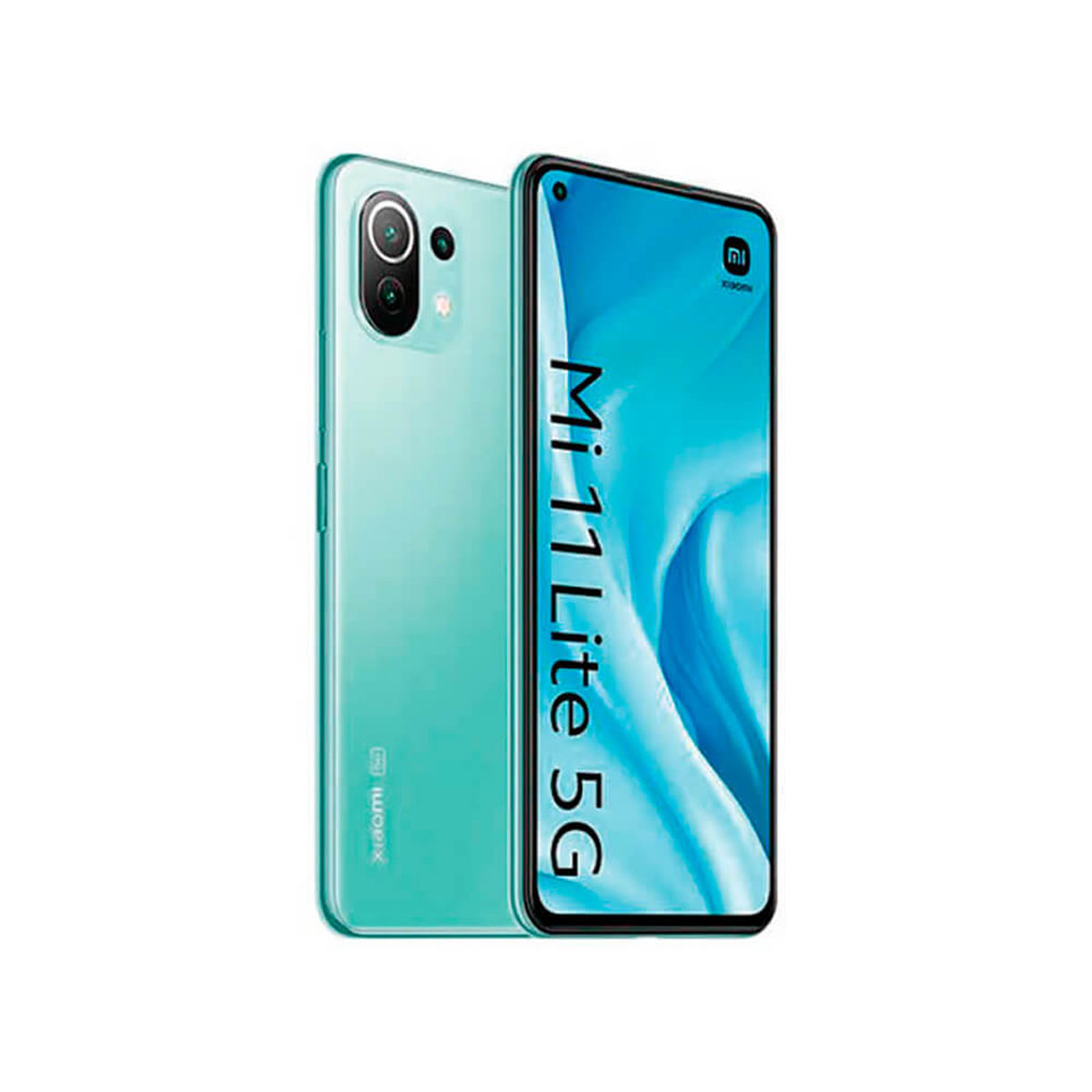 Un smartphone Xiaomi Mi 11 Lite 5G turquesa, mostrado de frente y de espalda.