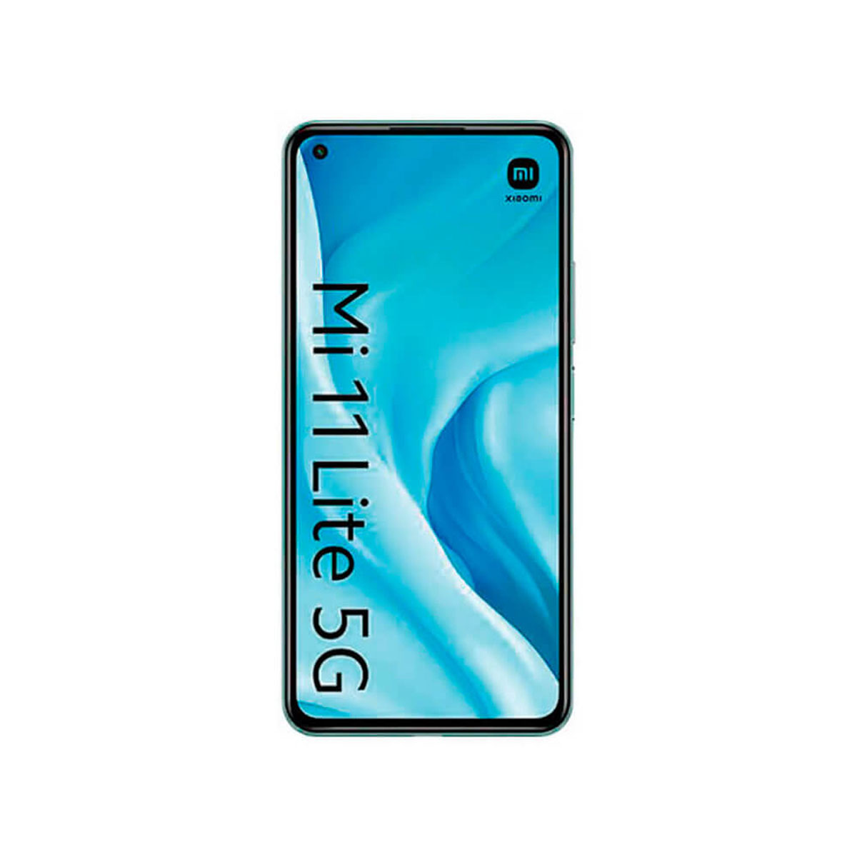 Un smartphone Xiaomi Mi 11 Lite 5G sobre un fondo turquesa.