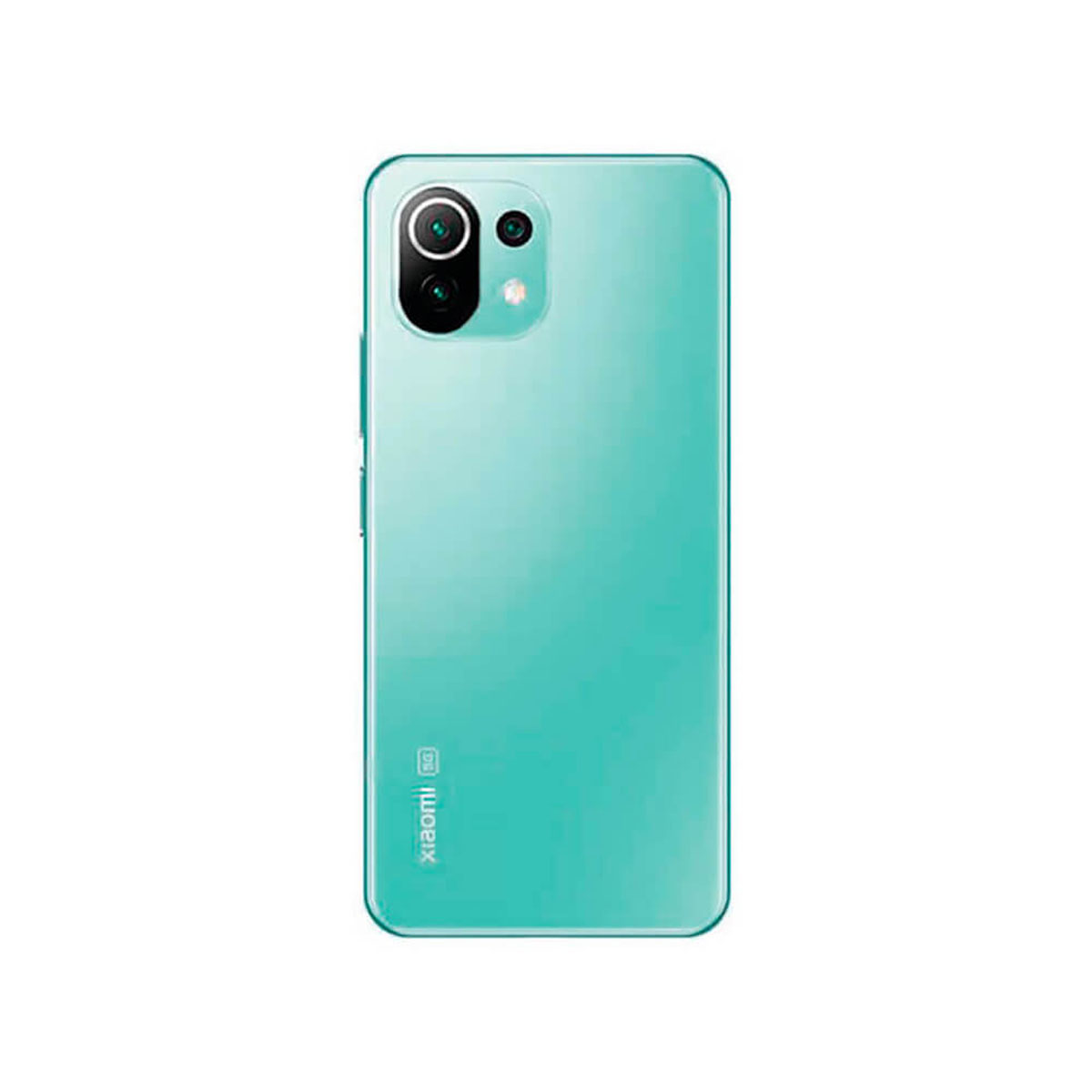 Rückseite eines türkisfarbenen Xiaomi 5G Smartphones mit Kameralinsen.