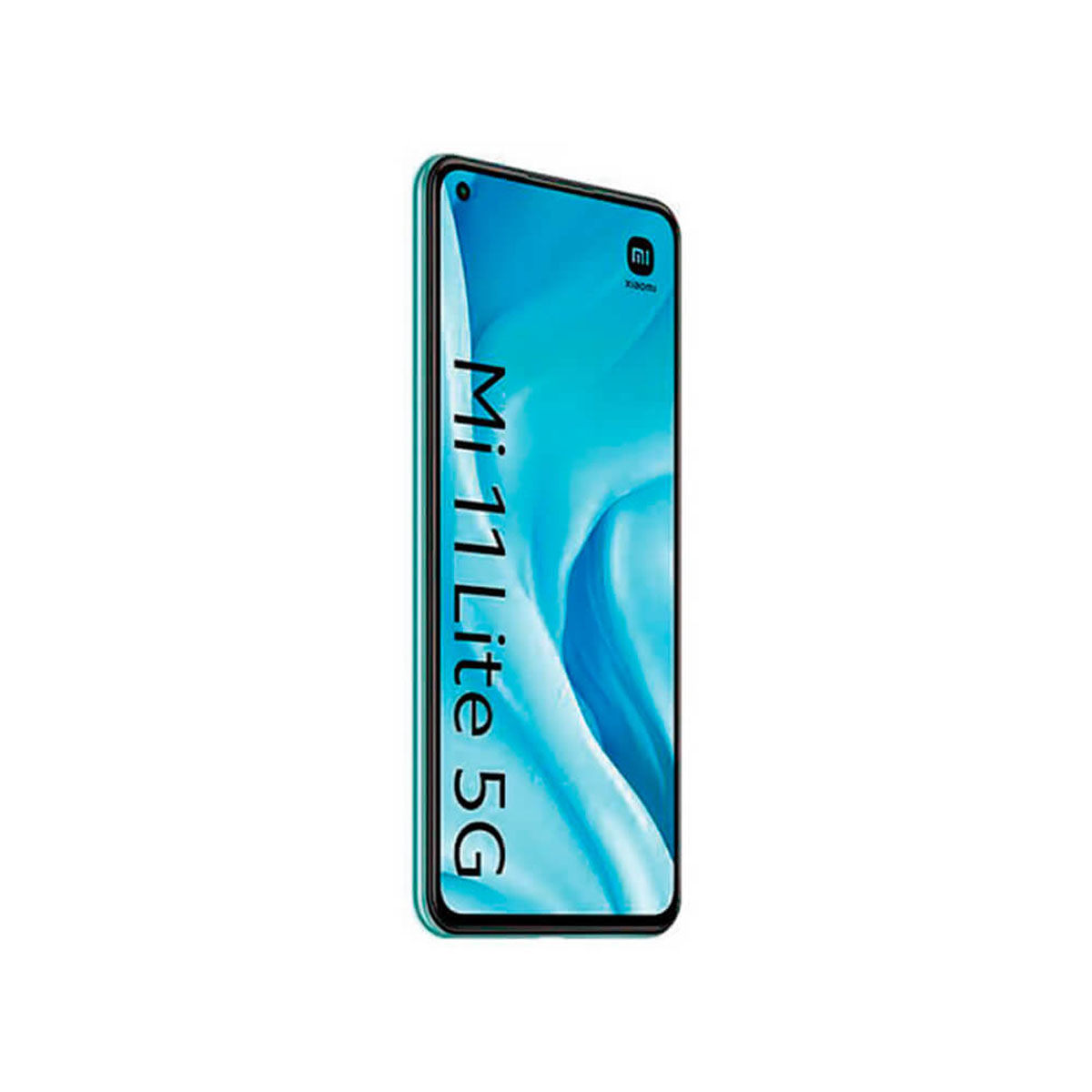 Ein grünes Xiaomi Mi 11 Lite 5G Smartphone mit blauem Hintergrund.