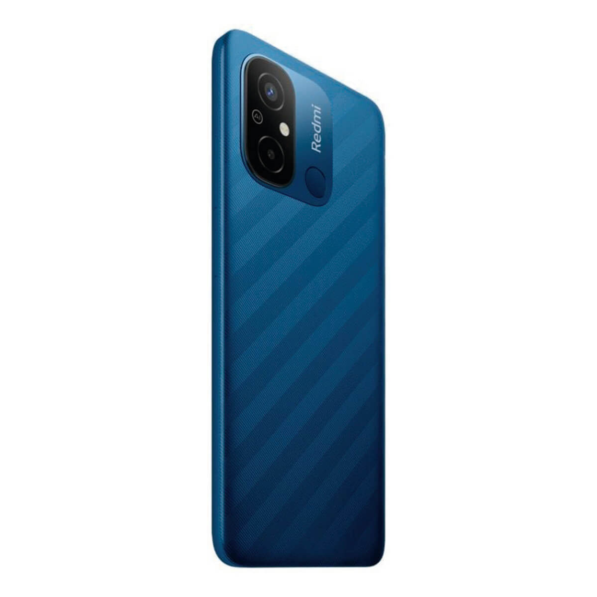 Parte trasera de un smartphone azul con doble cámara y logo Redmi.
