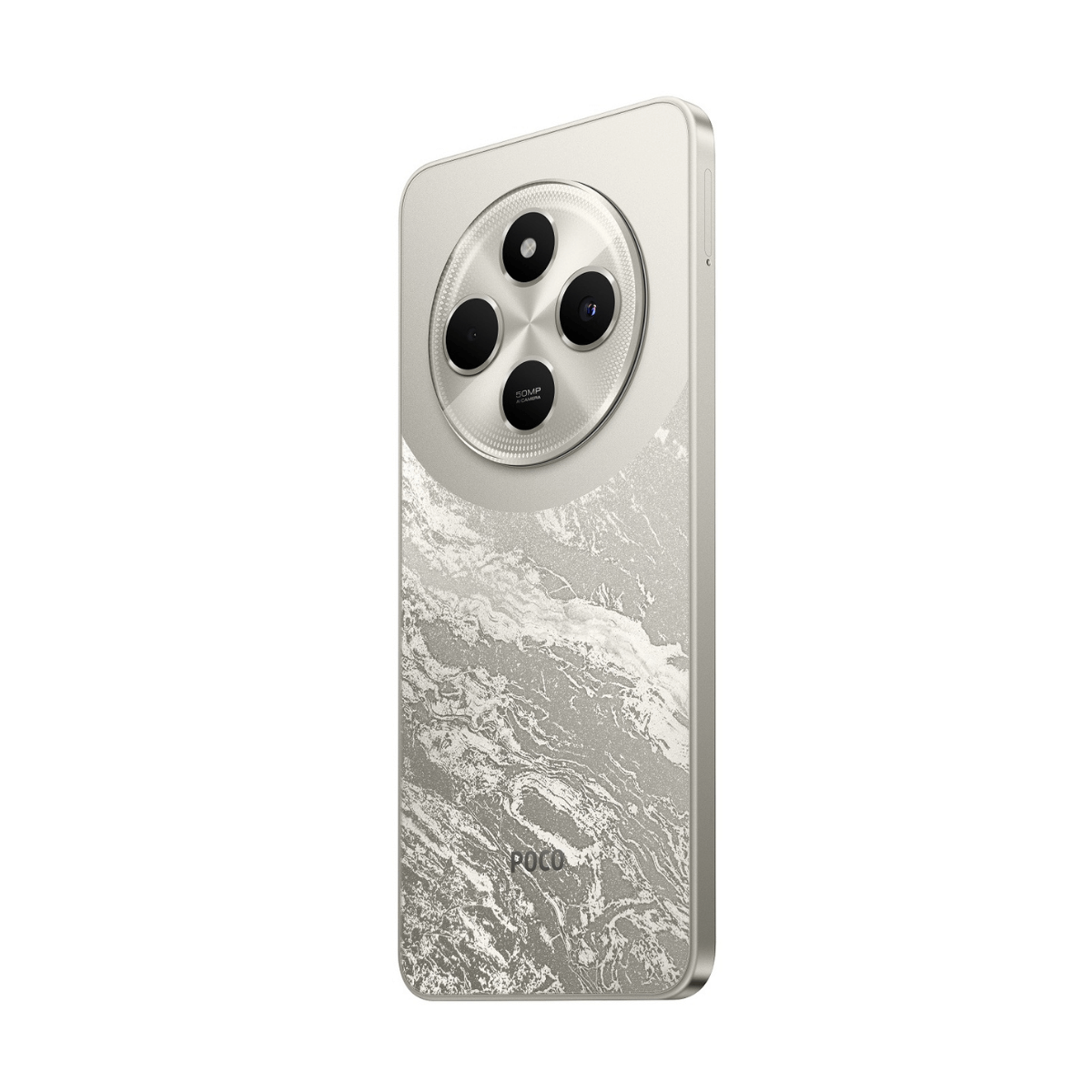 Uno smartphone argentato con motivo marmorizzato sul retro e tre fotocamere.