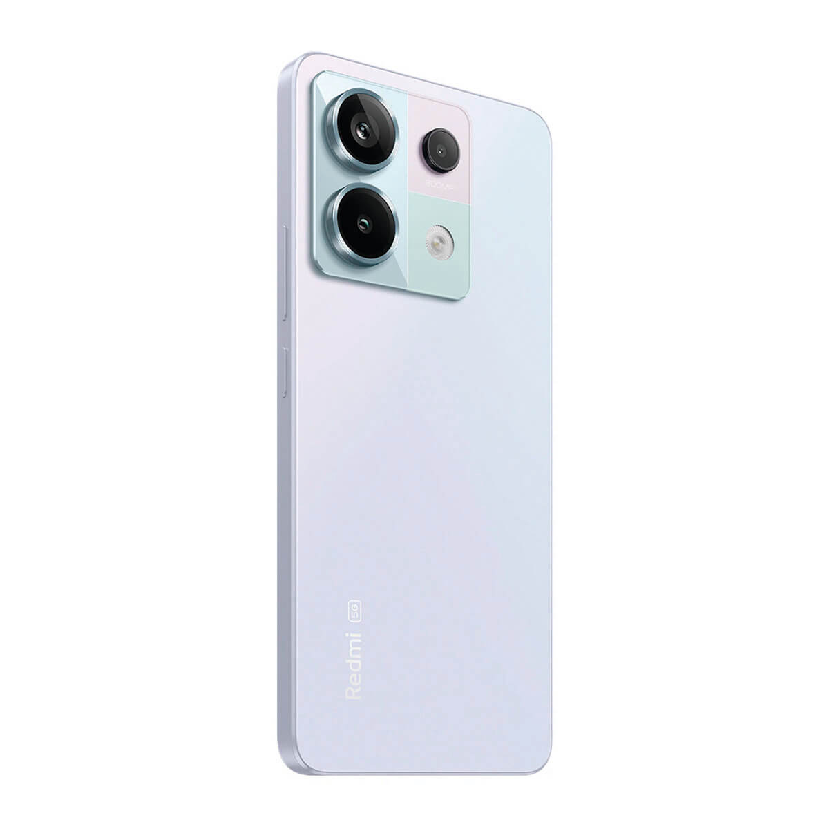 Jasnofioletowy smartfon z charakterystycznym modułem aparatu z trzema obiektywami i lampą błyskową.