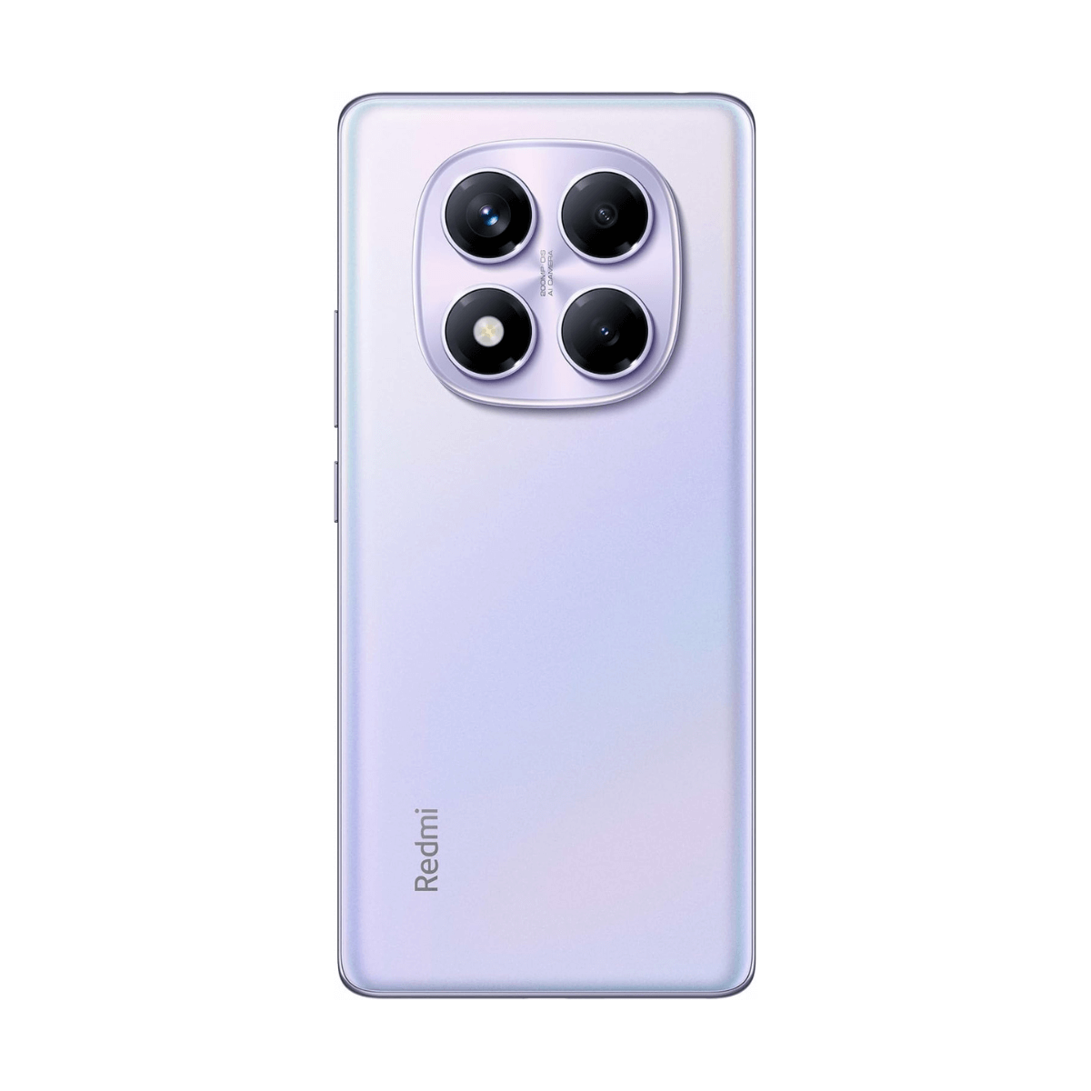 Jasnofioletowy smartfon z czterema aparatami i logo Redmi na białym tle.