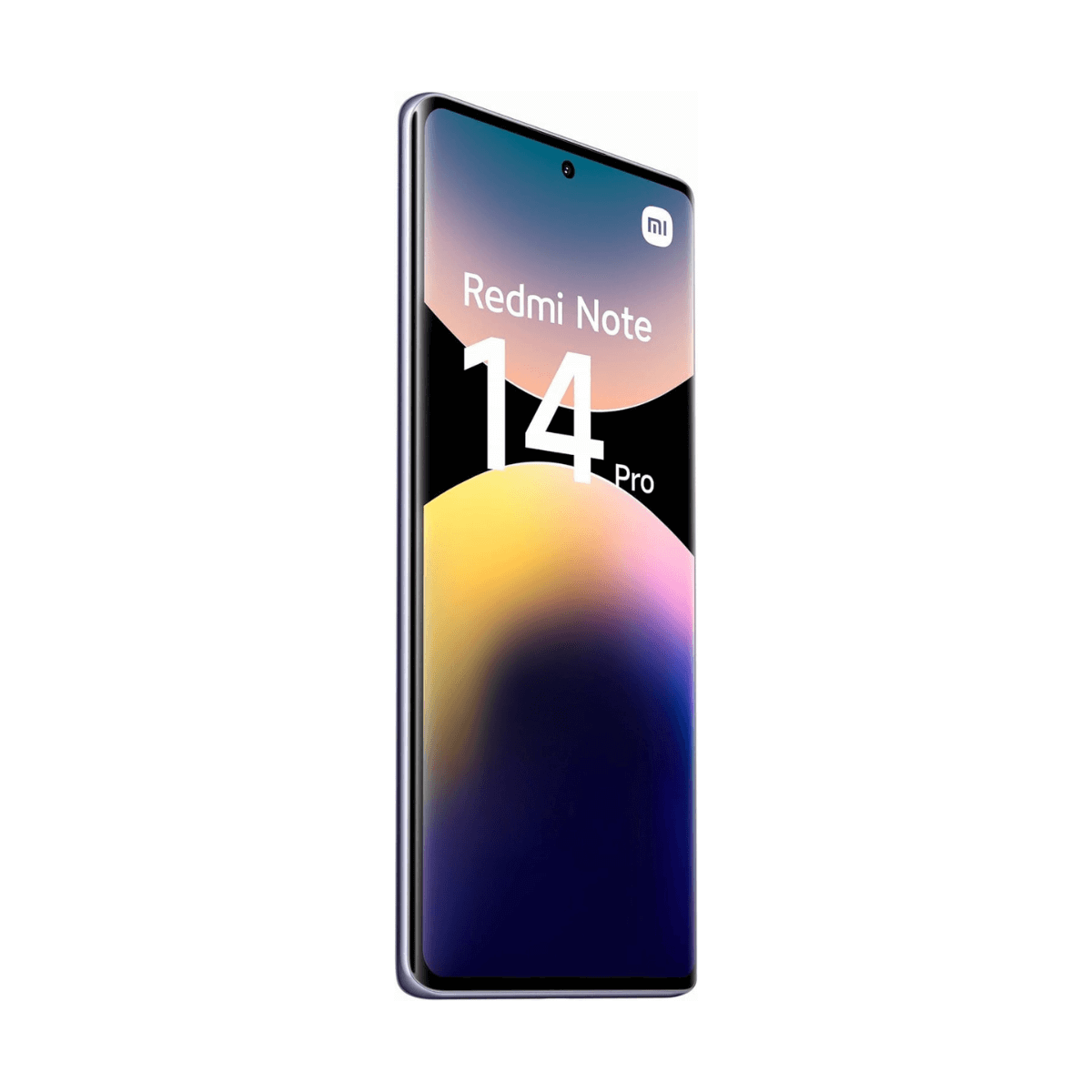 Ciemny smartfon z napisem "Redmi Note 14 Pro" i kolorowym tłem.