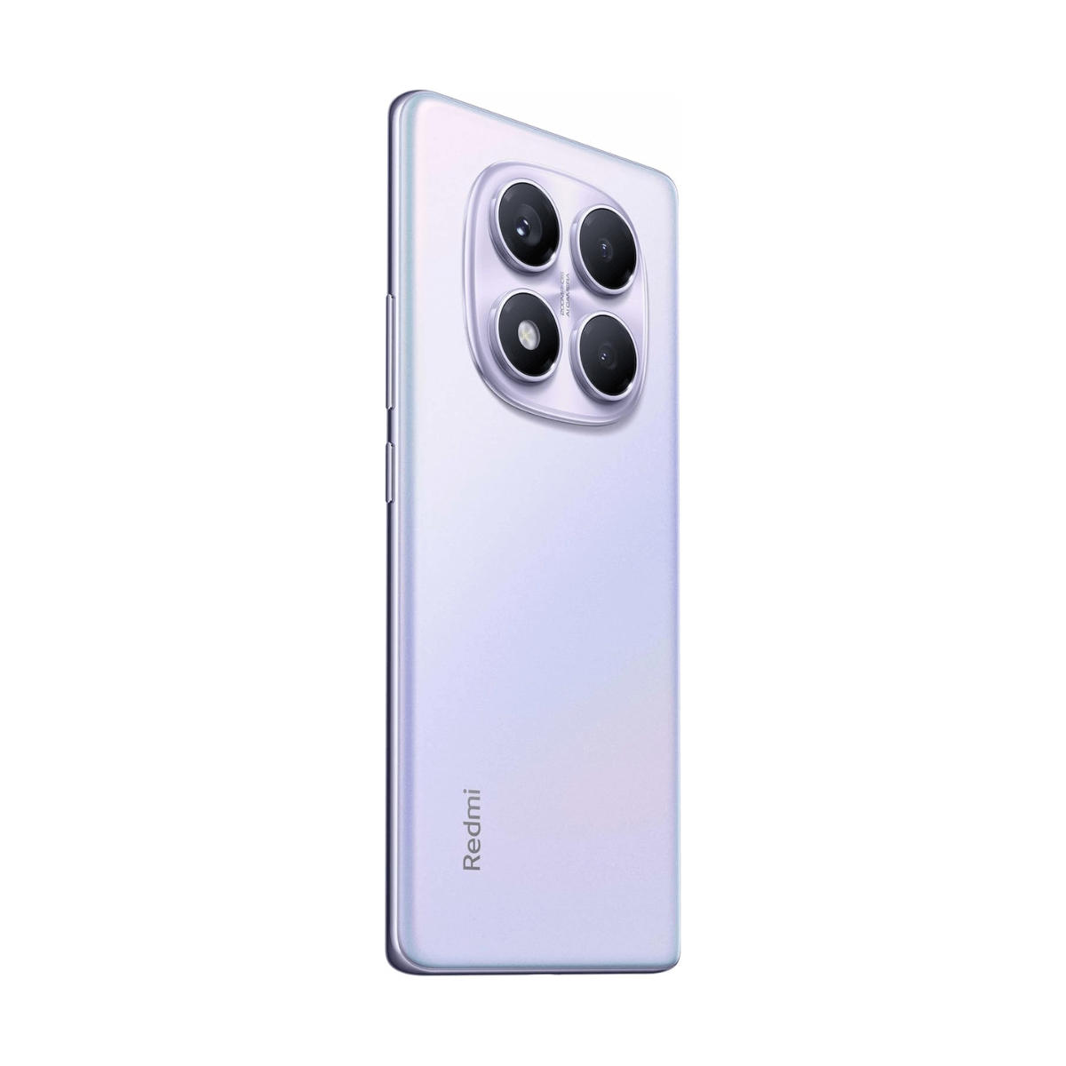 Tył jasnofioletowego smartfona z czterema aparatami i logo Redmi.