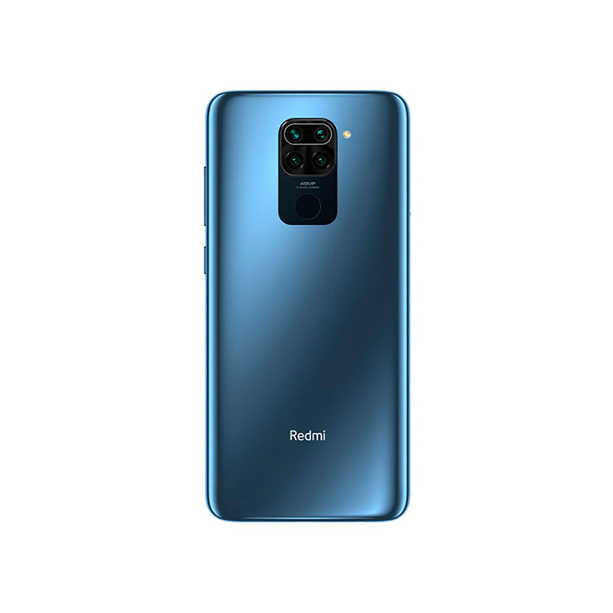 Blaues Smartphone mit vierfacher Kamera auf der Rückseite und Redmi-Logo.