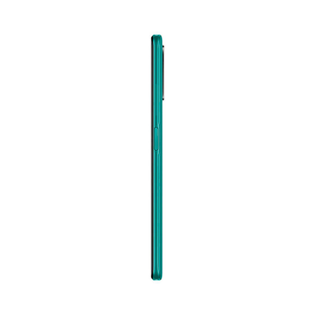 Un smartphone verde azulado, visto de lado sobre fondo blanco.