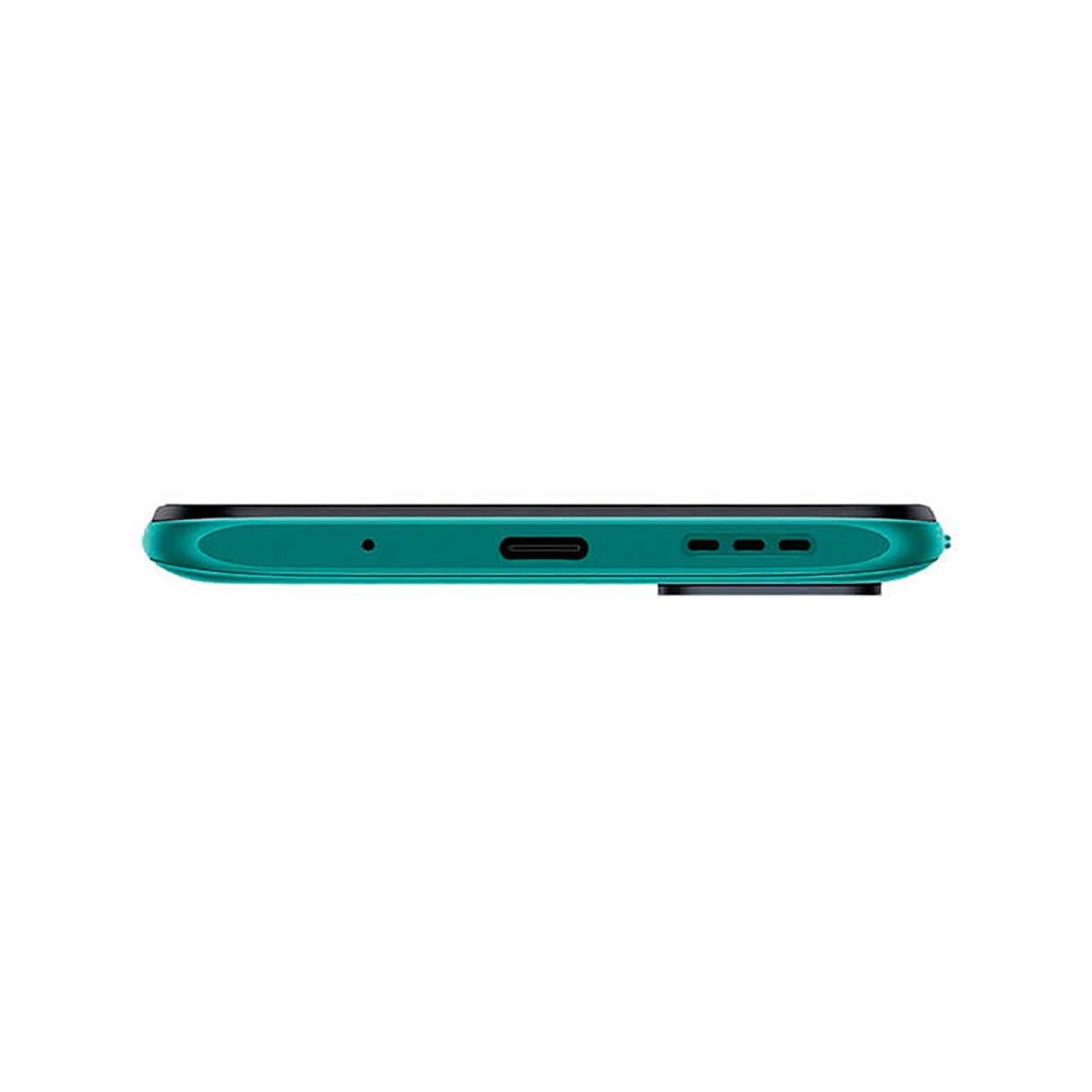 Parte inferior de un smartphone turquesa con puerto USB-C y rejillas de altavoz.