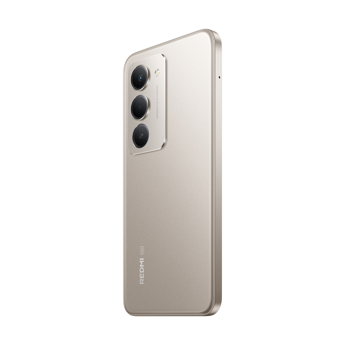 Tył złotego smartfona z trzema aparatami i napisem REDMI 5G.