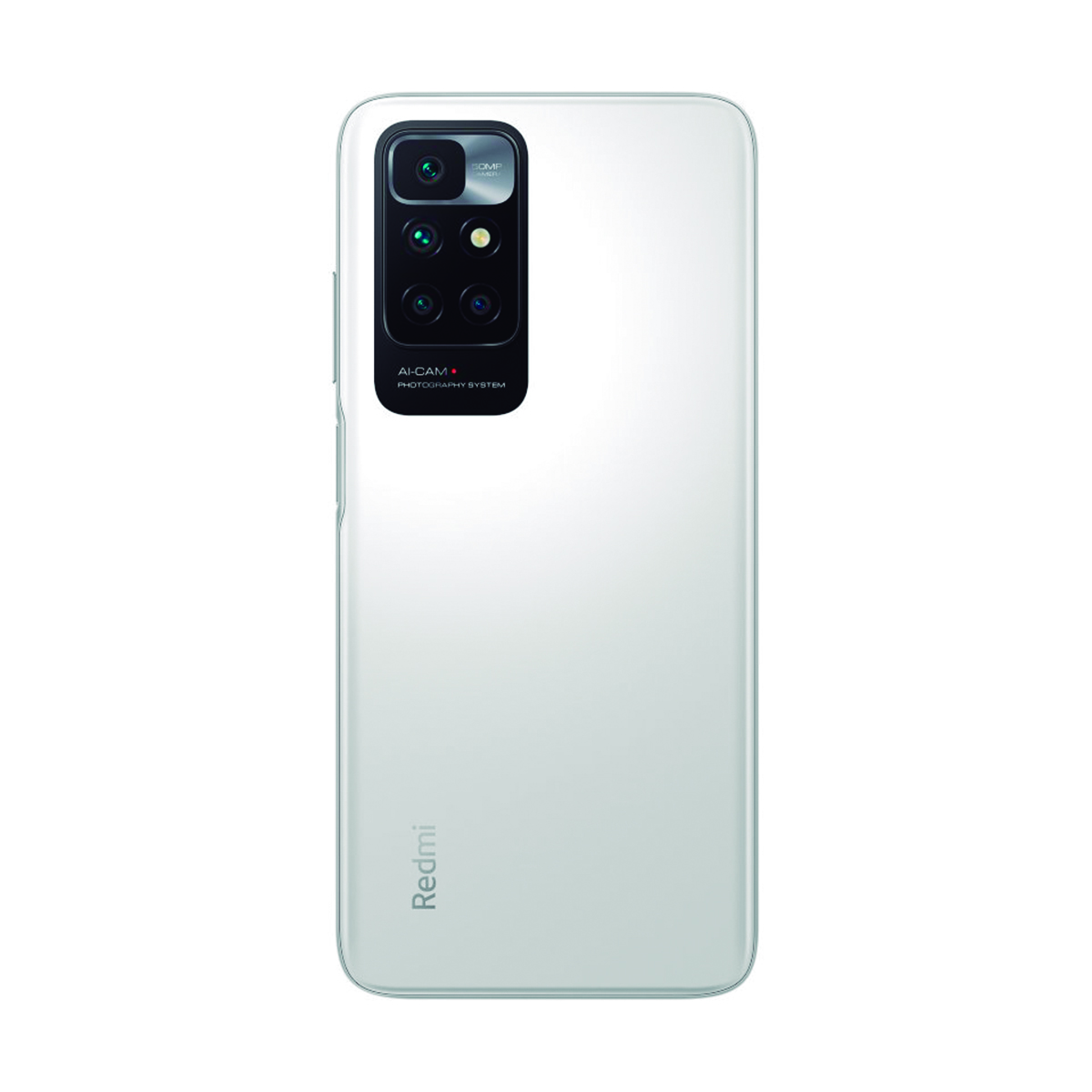 White smartphone back with quad camera system and Redmi logo.